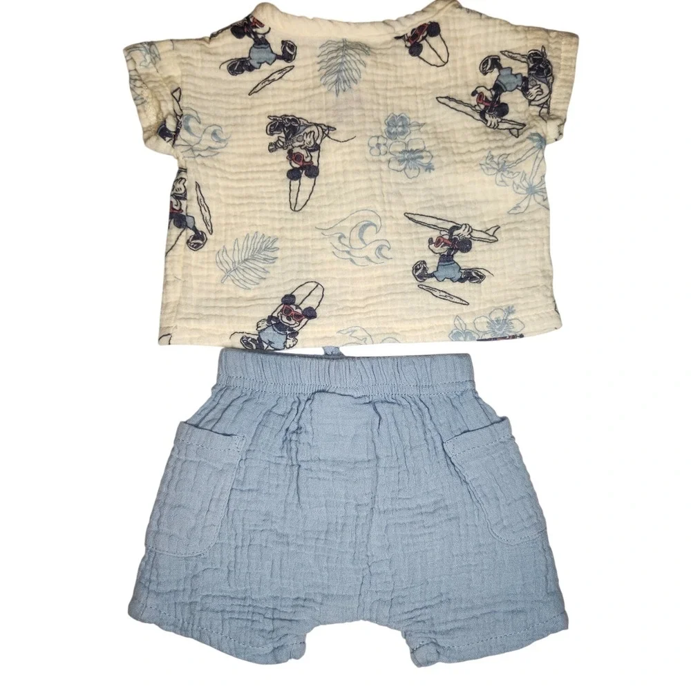 DISNEY Surfing Mickey Mouse Shorts Set Blue Cream Soft Cotton New‎ Born Baby